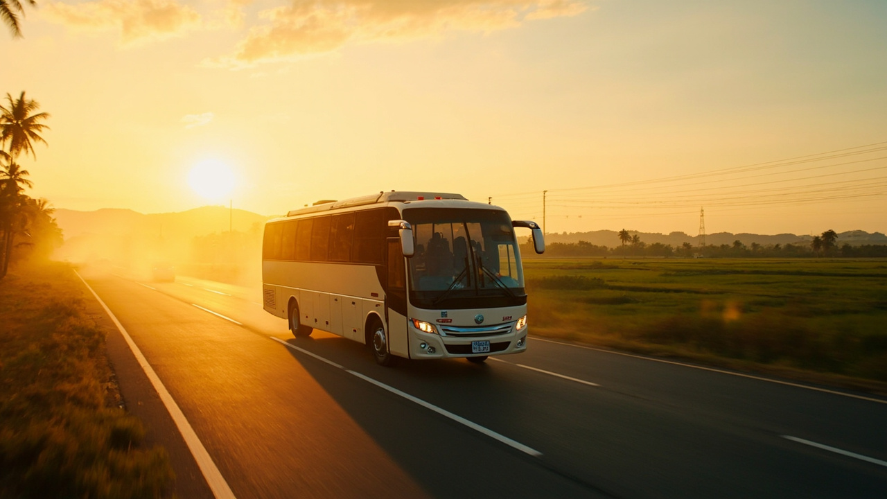 Wide editorial shot of a tour bus on a tropical highway at golden hour, no specific operator branding visible, warm earth tones