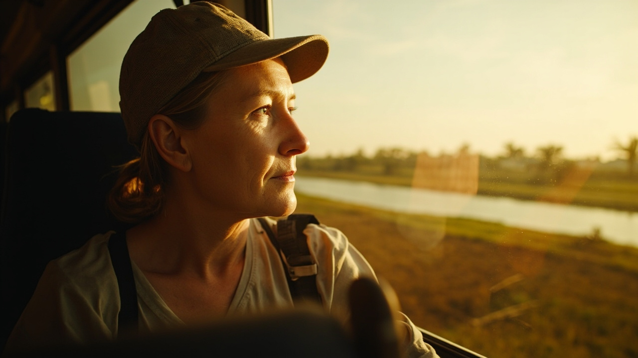 Australian traveller looking out a bus window onto the Mekong delta scenery at golden hour, calm relaxed body language