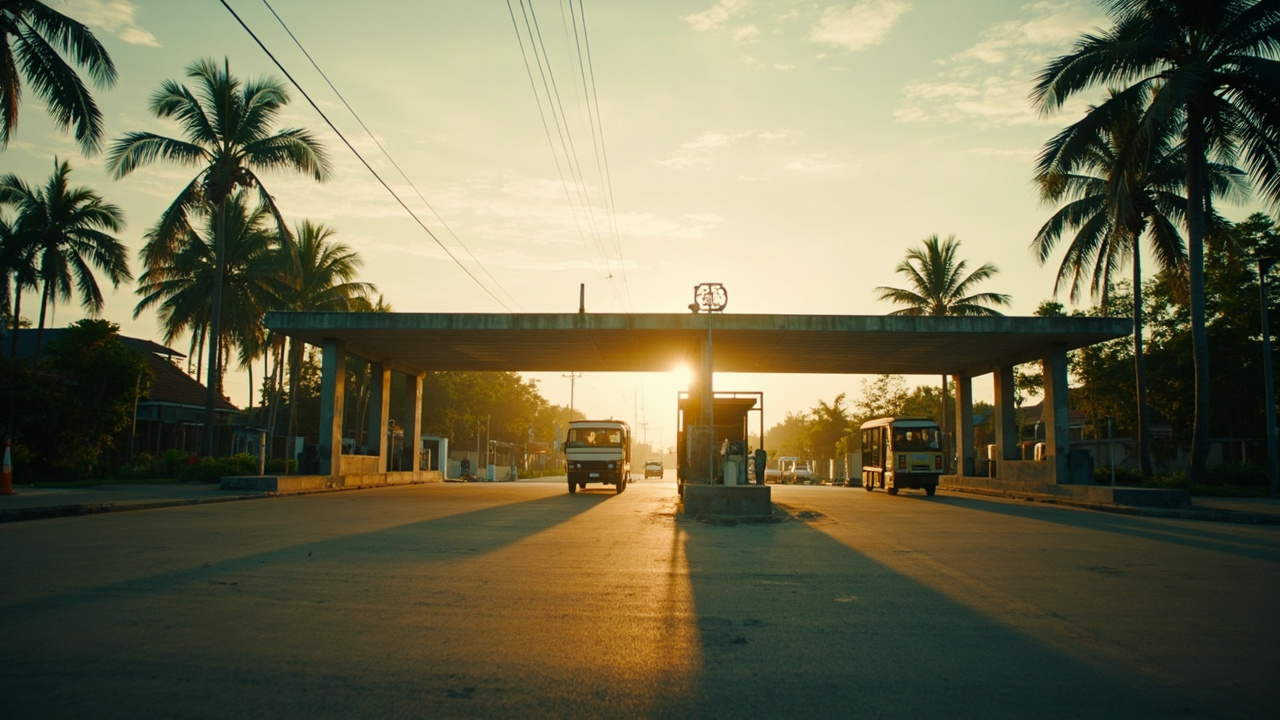 Quiet land-border crossing post in tropical setting, no specific flags or national signage, calm afternoon light