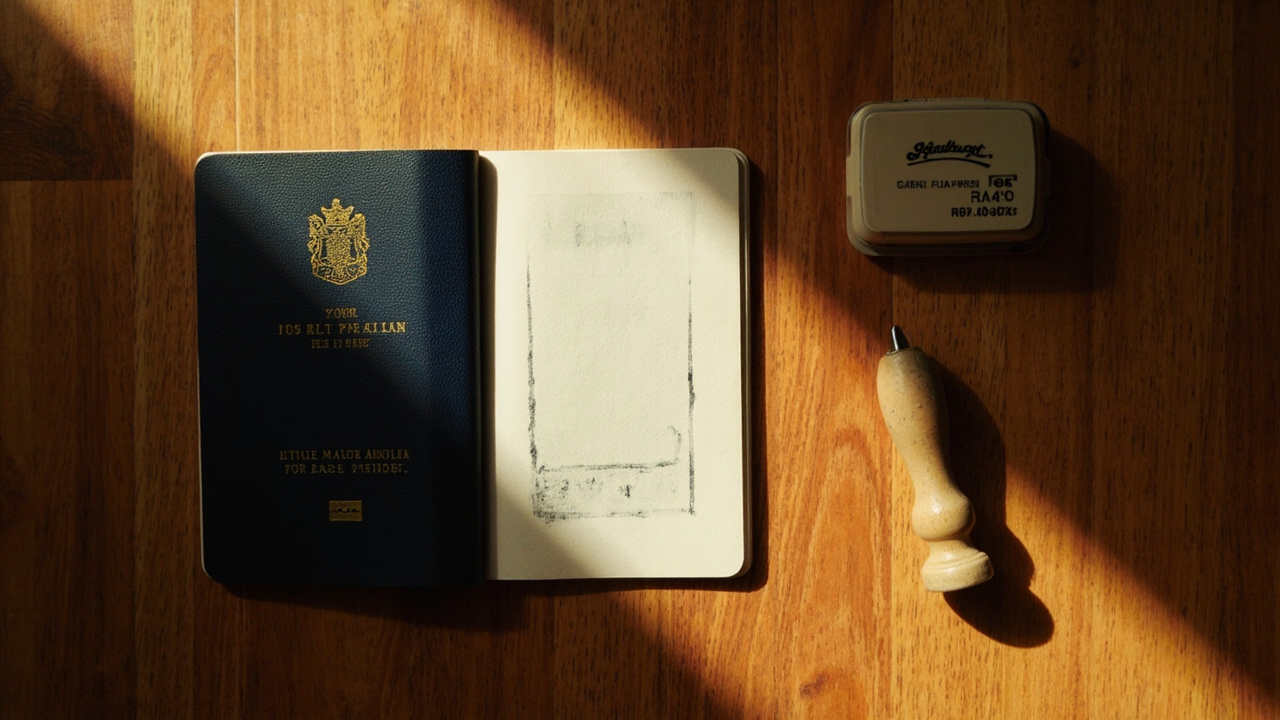 Overhead close-up of an Australian passport open to a clean page, no specific stamp text legible, warm wooden desk