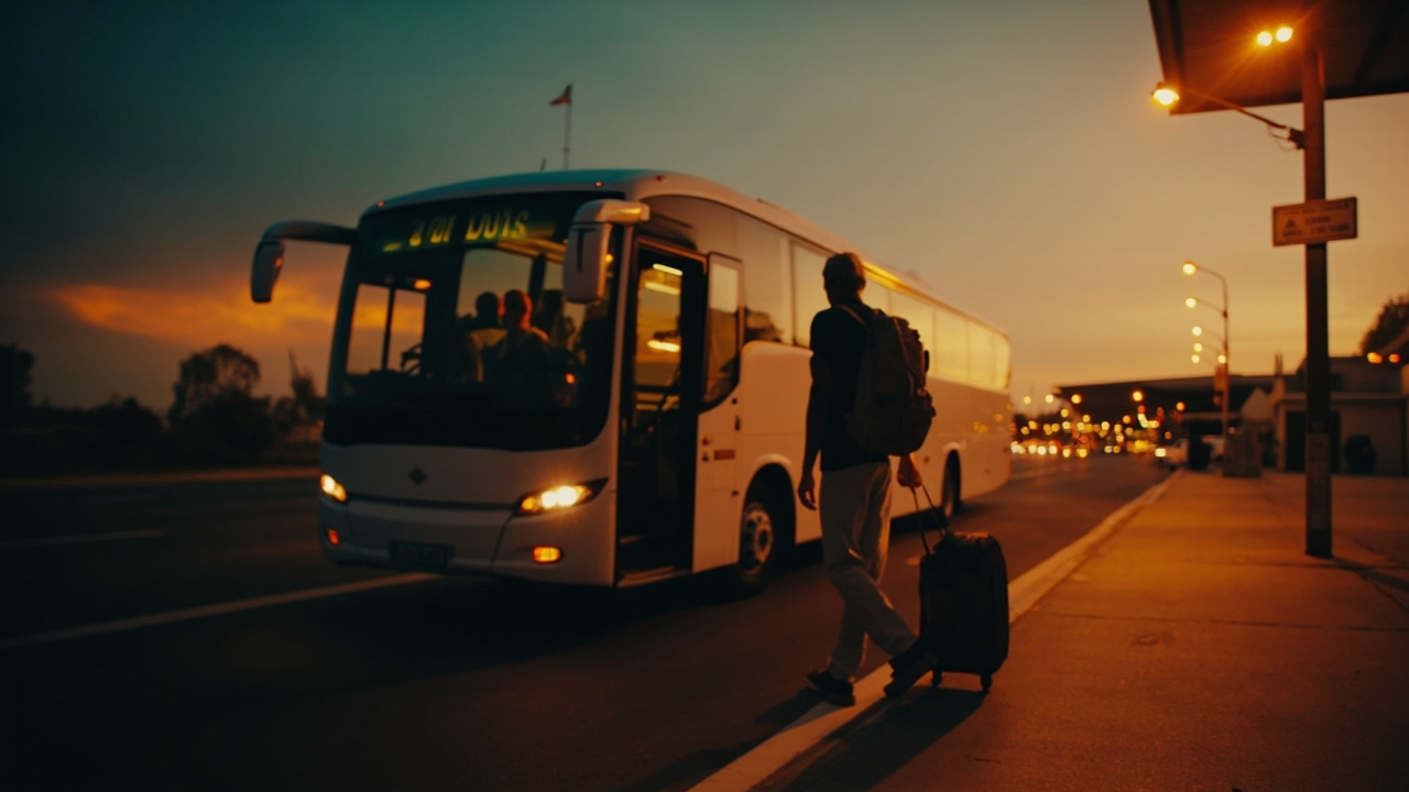 Australian traveller arriving at a soft-focus Phnom Penh bus terminal at warm dusk, no recognisable signage