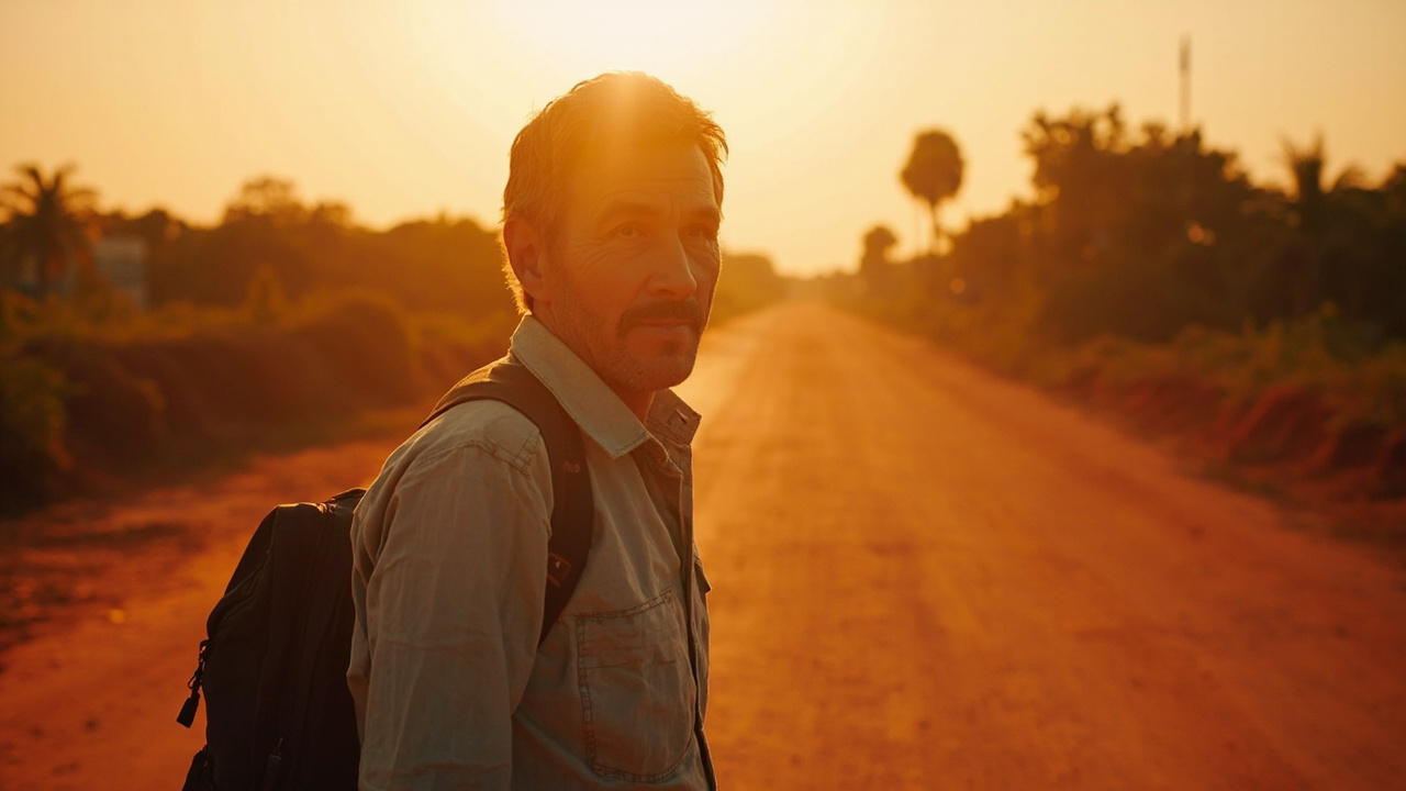 Australian traveller waiting at a small dusty roadside in rural Cambodia at golden hour, small carry-on bag, calm composition