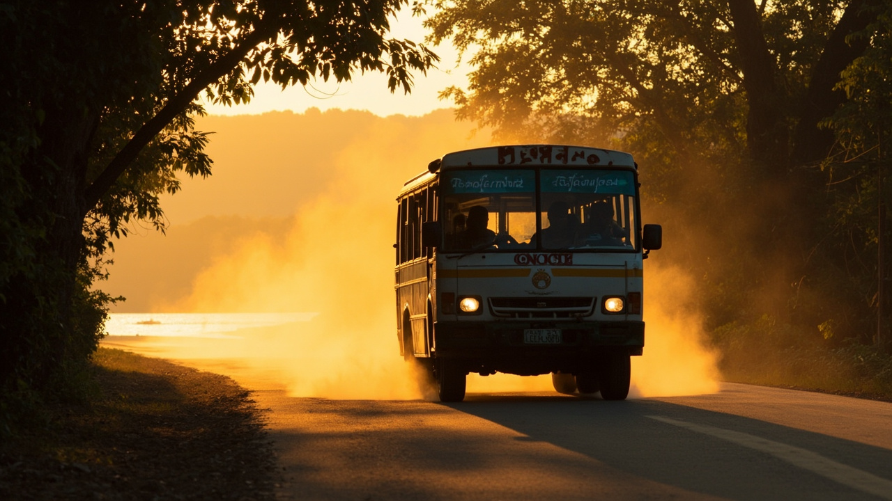 Local minibus on a rural Mekong-region road at golden hour, warm earth tones, no specific operator branding