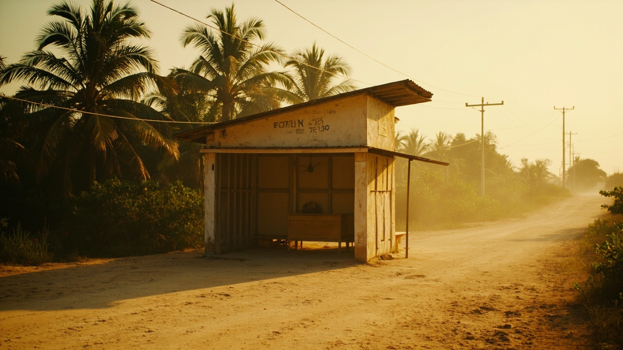Quiet rural border post in tropical setting at warm afternoon light, open-fronted timber shelter, no specific national signage