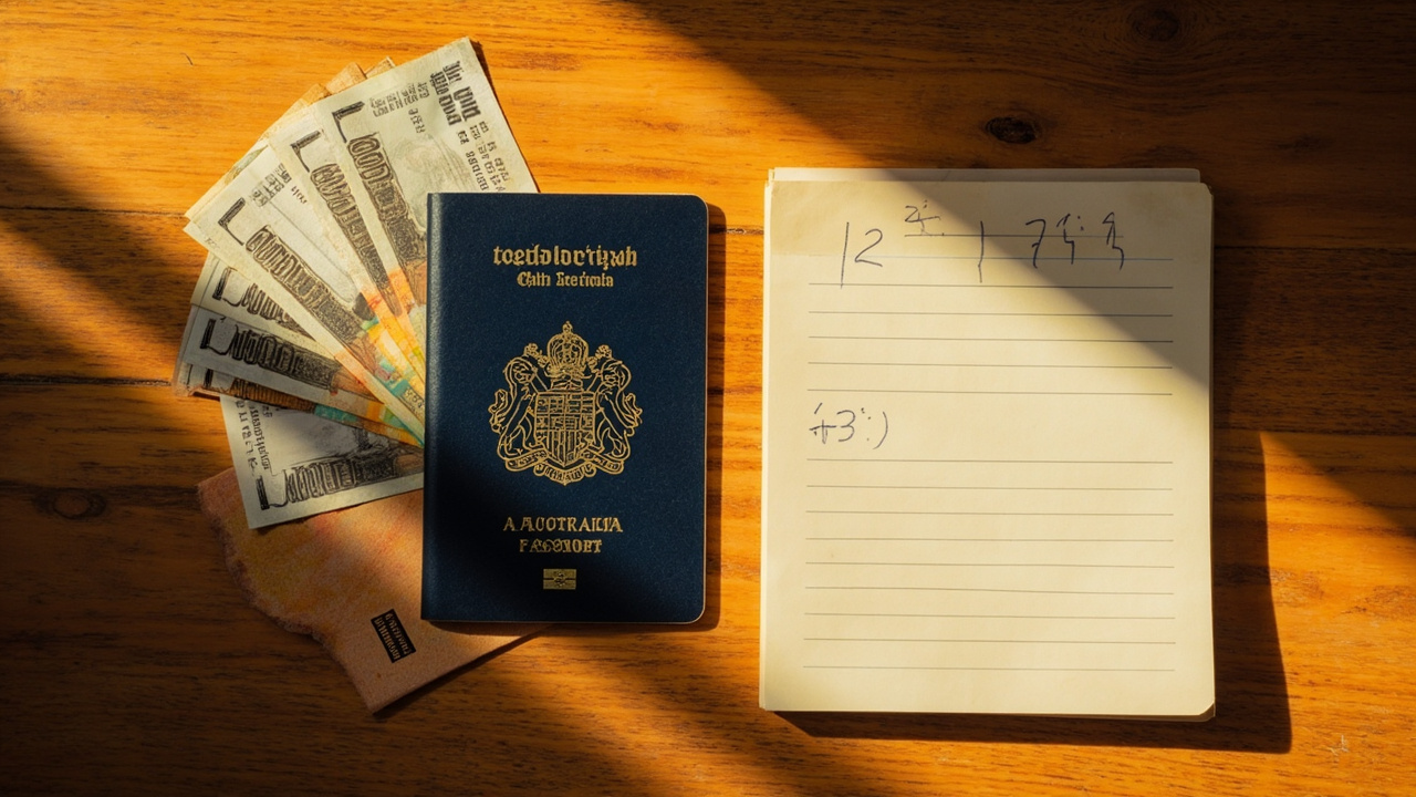 Overhead flat-lay of crisp USD bills on a warm wooden counter beside a closed Australian passport and a small notepad with handwritten figures (not legible)