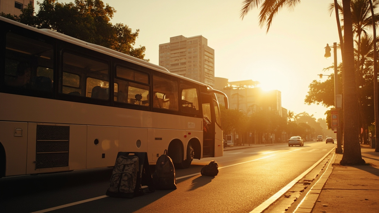 Wide editorial shot of a tour coach idling on a tropical city street at golden hour ready to depart, no operator branding visible, warm earth tones