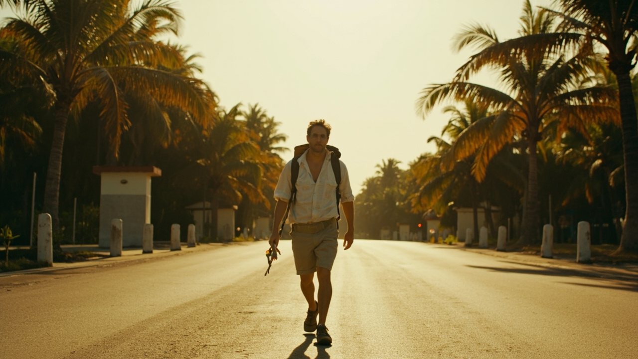 Aussie traveller with backpack walking across a quiet stretch of empty road between two border buildings at midday, no flags or signage visible