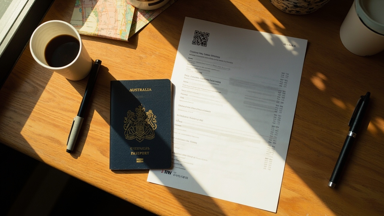 Flat-lay of an Australian passport, a printed PDF document, and a paper coffee cup on a warm wooden desk, document text not legible