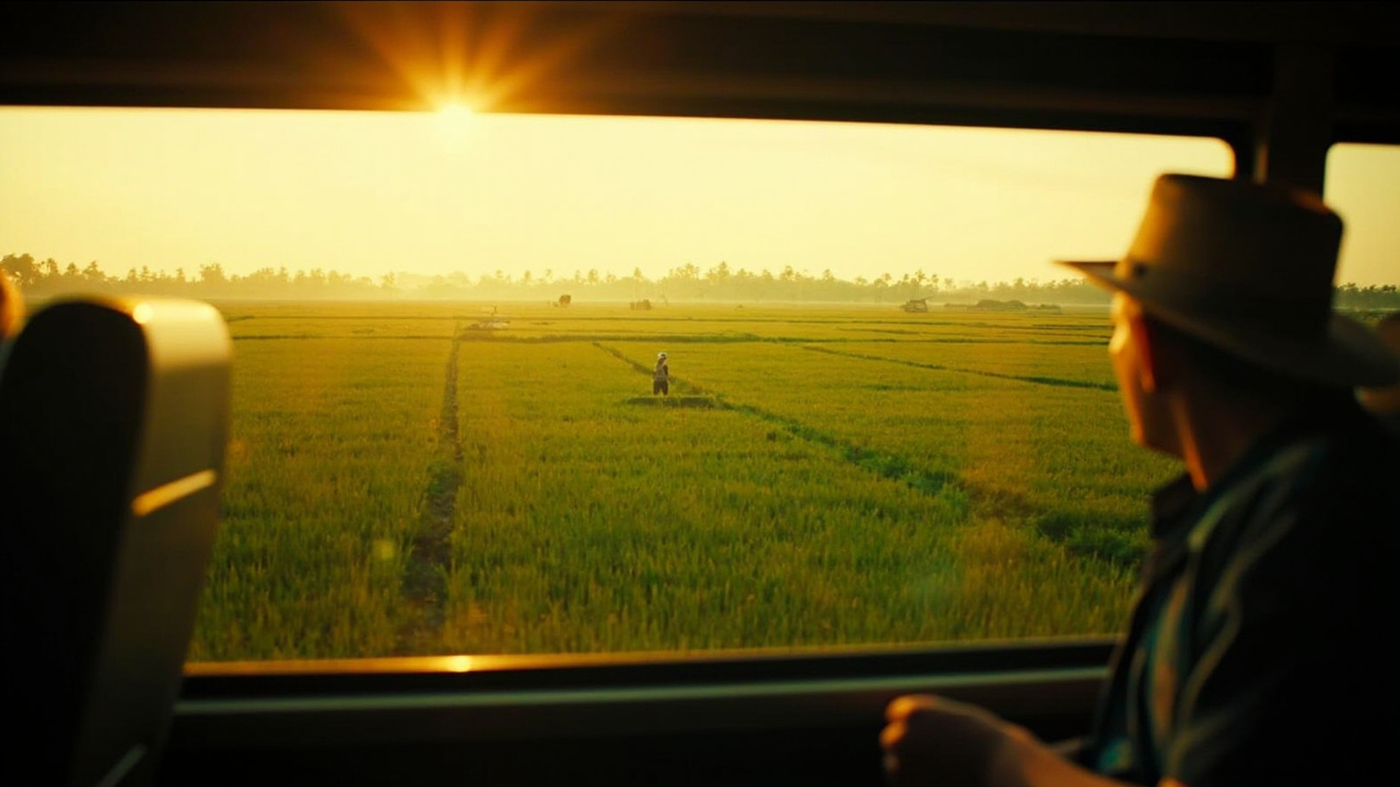 Editorial view across rice paddies from a moving bus window in southern Cambodia at golden hour, no signage or flags visible