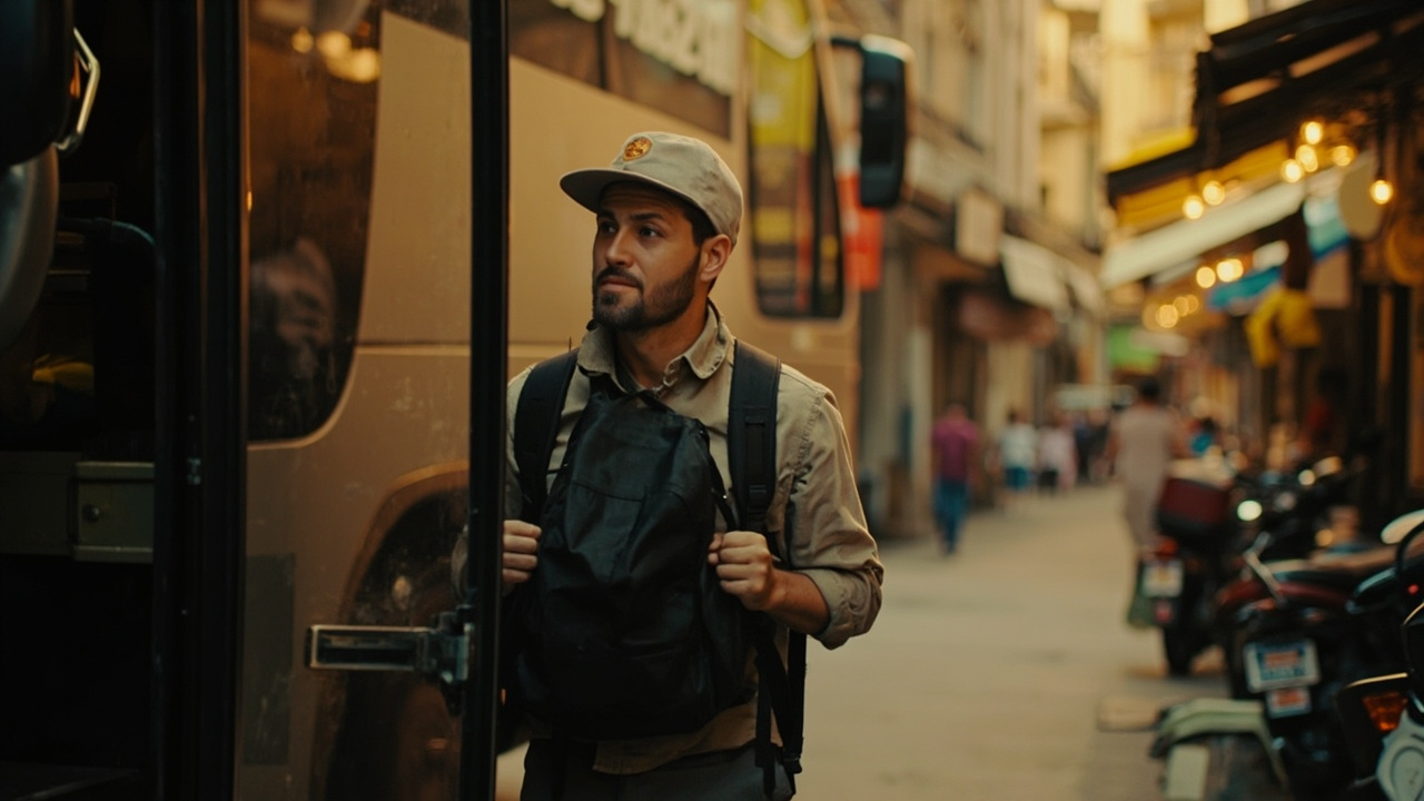 Aussie traveller stepping off a tour coach onto a softly busy backpacker street in a warm late-afternoon Vietnamese city, no signage visible