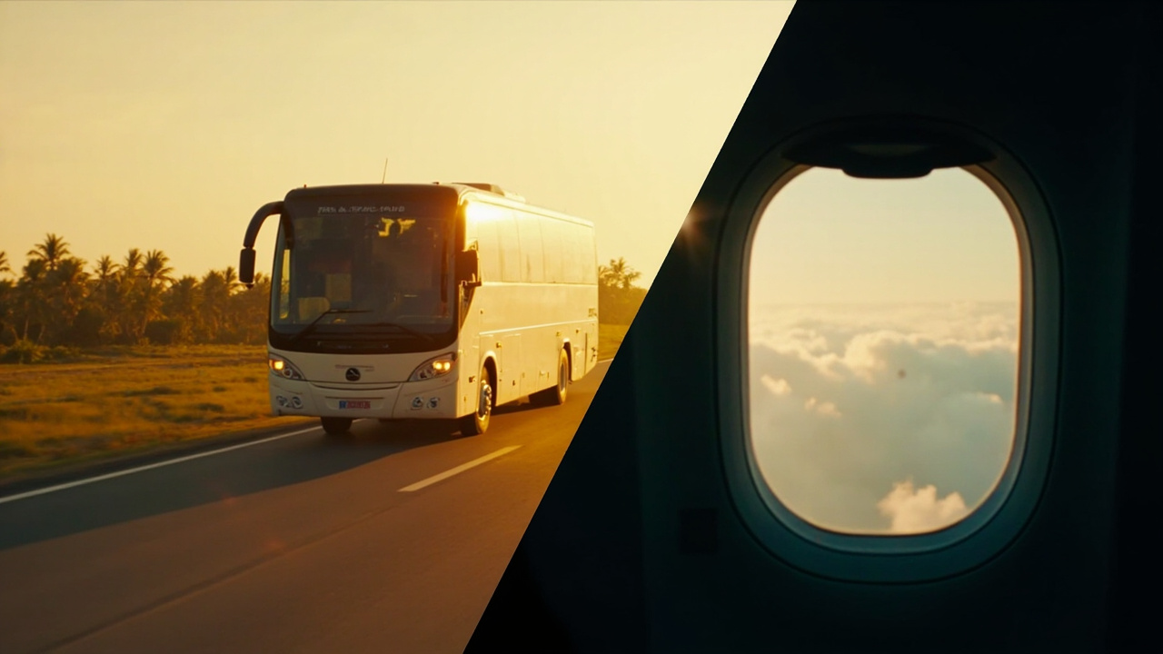 Editorial split-frame composition showing a tour coach on a tropical highway on one side and a commercial aircraft cabin window view on the other, warm earth tones, no branding visible
