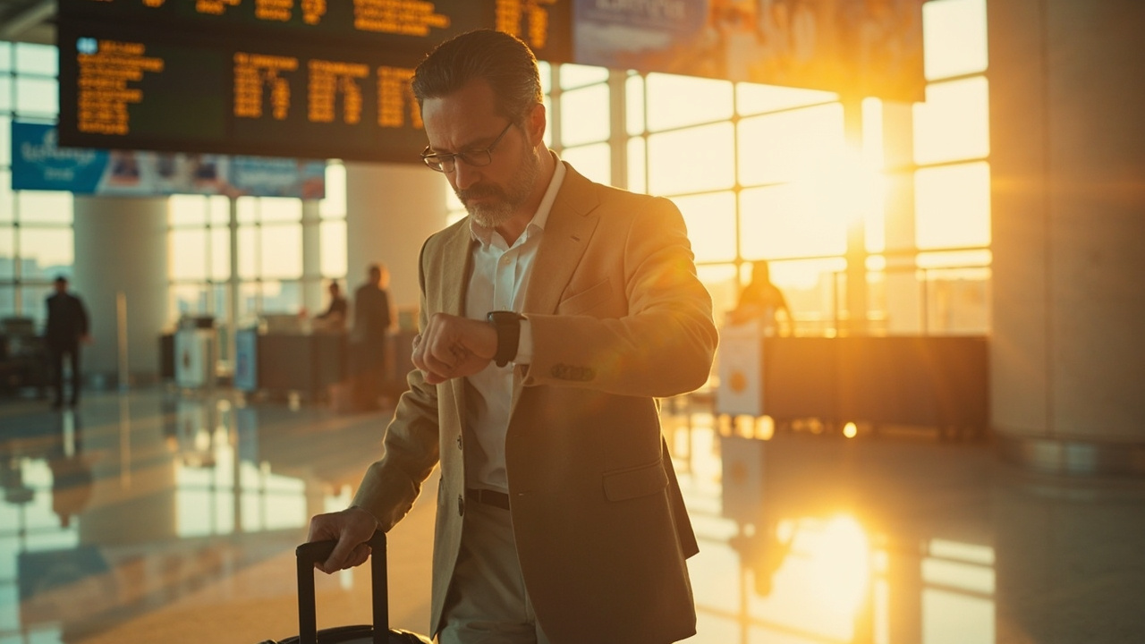 Australian business traveller checking a smartwatch in a soft-focus tropical airport terminal at warm morning light, no airline branding visible