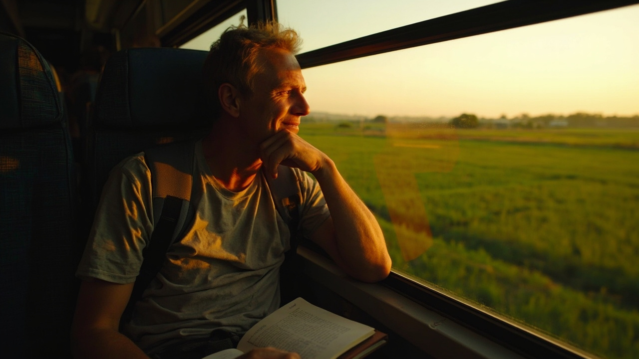 Aussie backpacker looking out a coach window onto rice paddy scenery at golden hour, calm relaxed expression, no branding visible