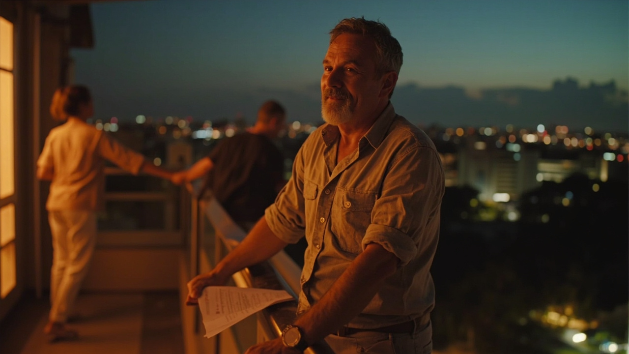 Aussie traveller arriving at a soft-focus warm-dusk Vietnamese rooftop terrace, calm relaxed expression, no signage visible