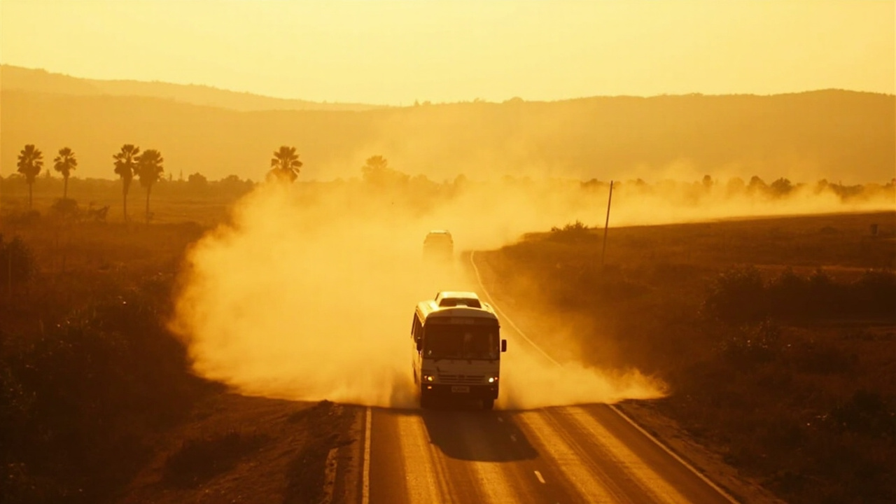 Quiet two-lane road following the Mekong north out of Phnom Penh at golden hour, faint dust trail behind a generic minibus, warm earth tones