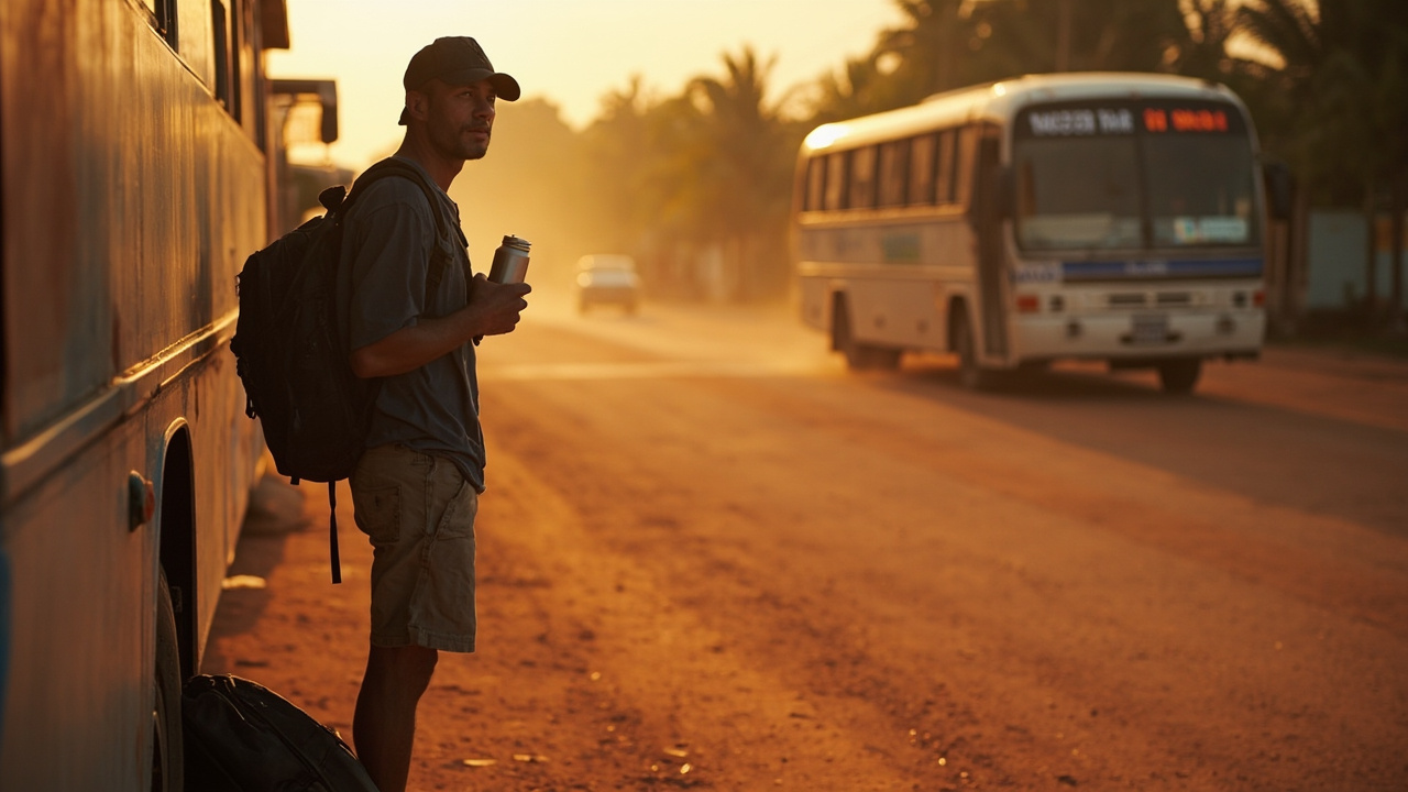 Australian backpacker in their late 20s waiting at a quiet provincial bus depot in rural Cambodia, soft-sided backpack at their feet, calm golden light
