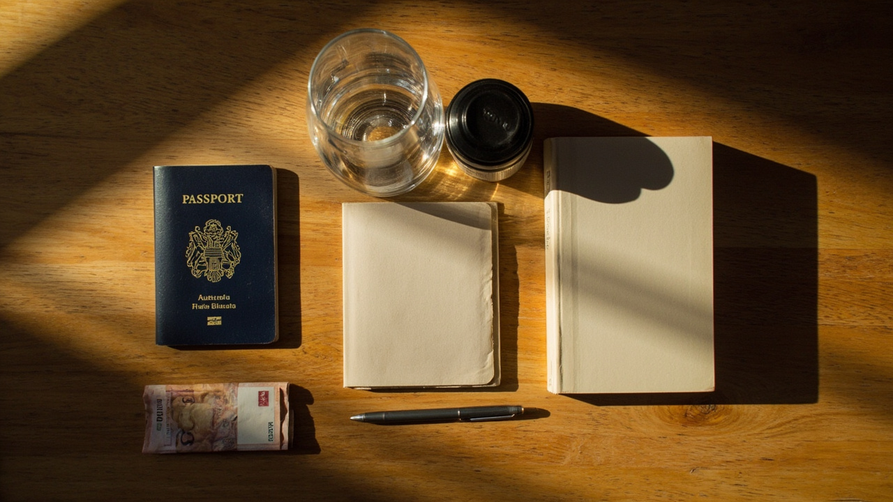 Overhead flat-lay of an Aussie backpacker's overland pack list on a warm timber table — closed Australian passport, neat USD notes, water bottle, paperback, biscuit sleeve, pen, paper photo