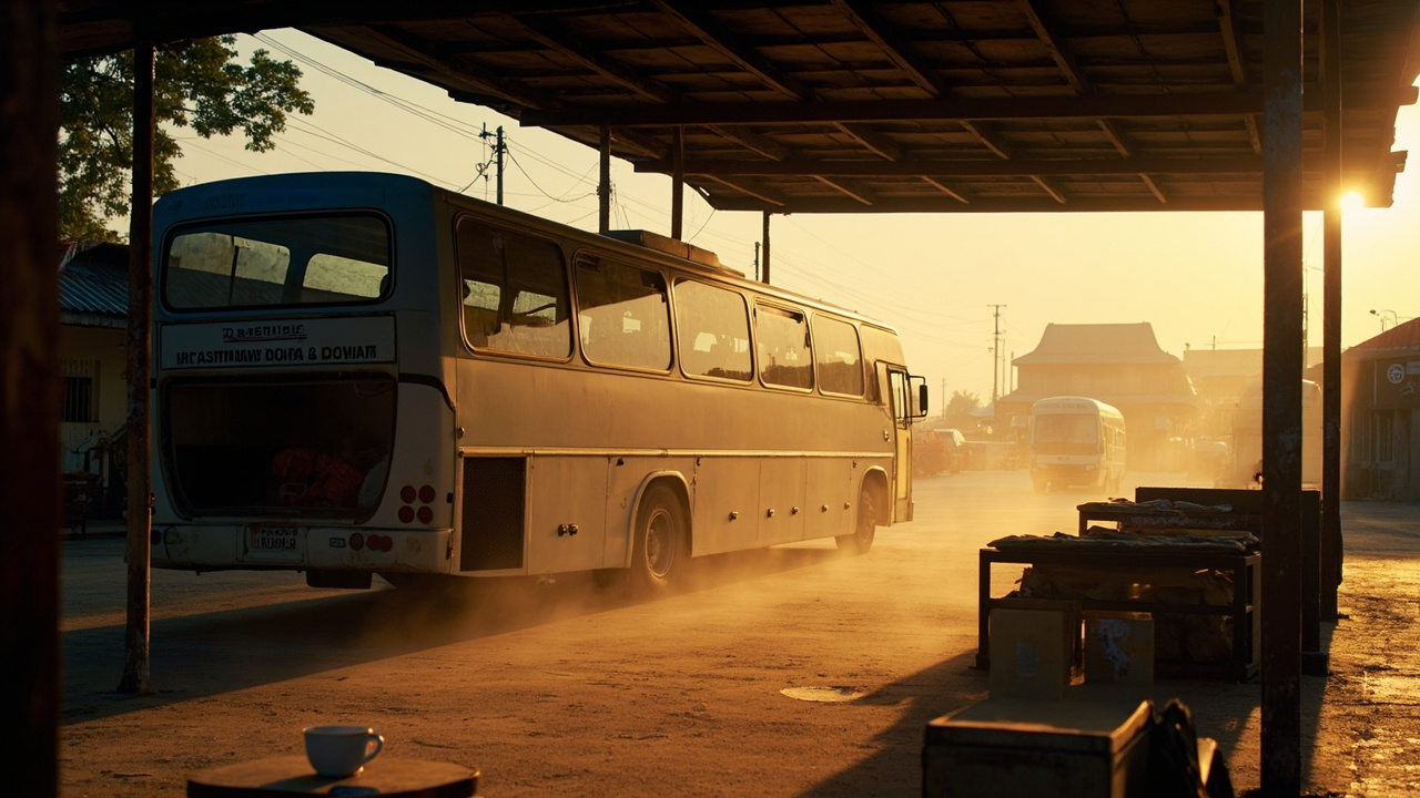 Editorial morning scene at a Cambodian long-haul bus depot, generic unlogoed coach waiting, soft golden light, no specific operator branding