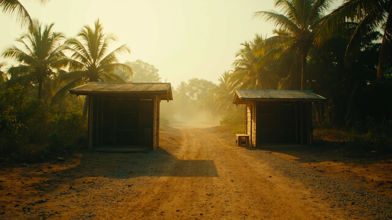 Wide editorial shot of a quiet rural border walkway between two open-fronted timber shelters in a tropical clearing, warm afternoon light, no national signage