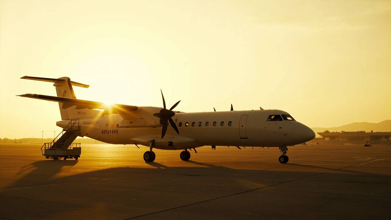 Generic regional ATR turboprop on a warm Southeast Asian tarmac at golden hour, no airline branding visible, soft warm tones