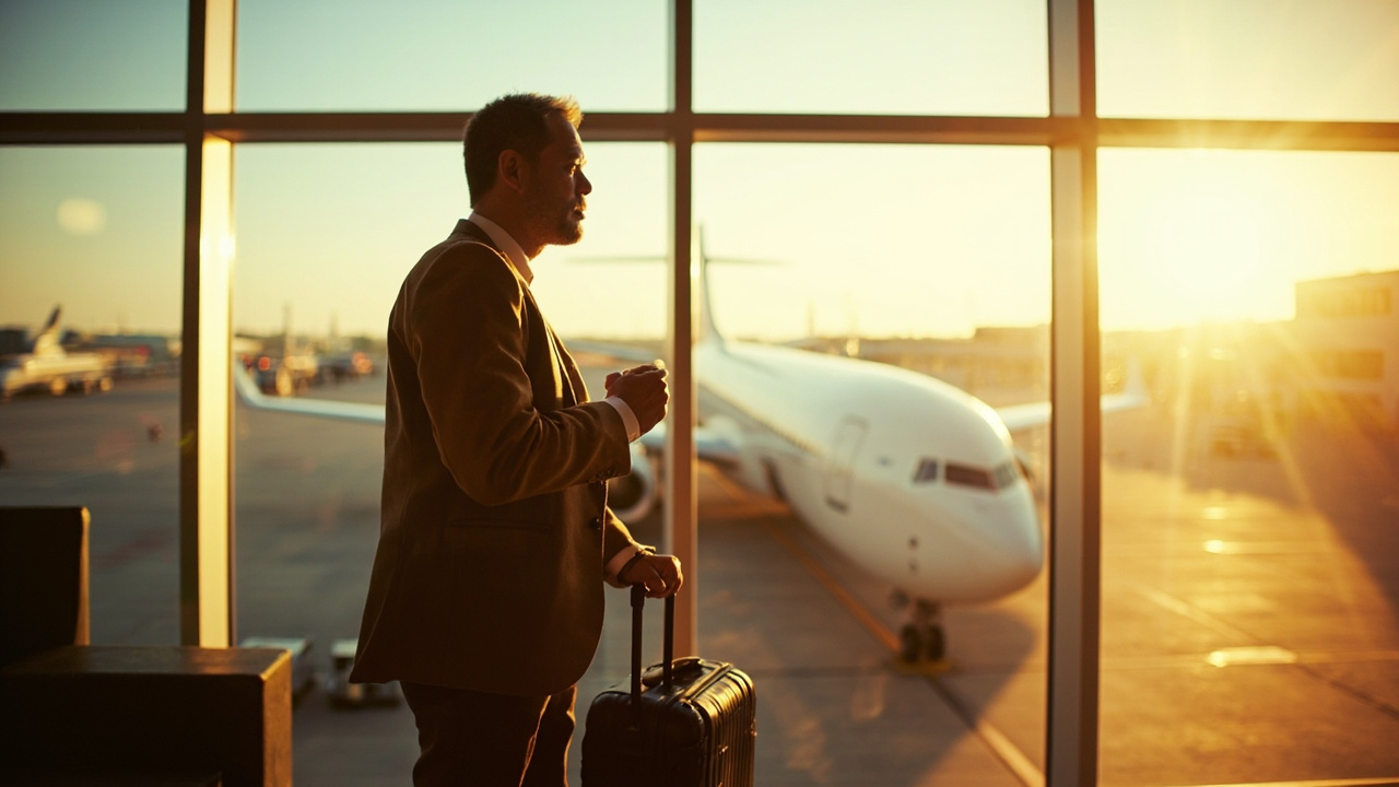 Australian business traveller in their 40s in a modern airport departure lounge at warm morning light, soft-shelled rolling case, calm composition