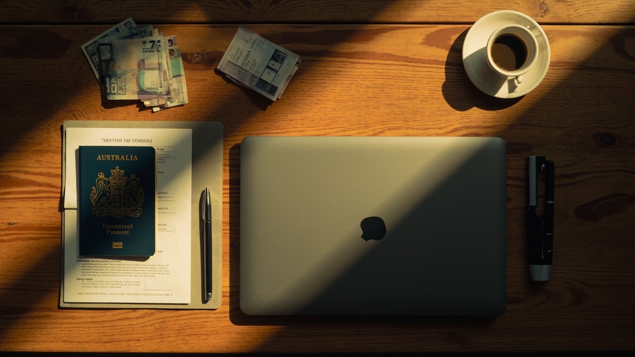 Overhead flat-lay of a business traveller's pre-flight desk — closed Australian passport, neat USD notes, boarding pass folder, laptop, coffee, on a warm timber surface