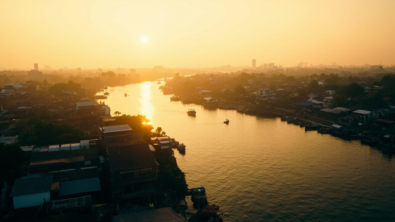 Soft wide editorial cityscape of a quiet Southeast Asian capital at dusk, low-rise riverfront, gentle warm light