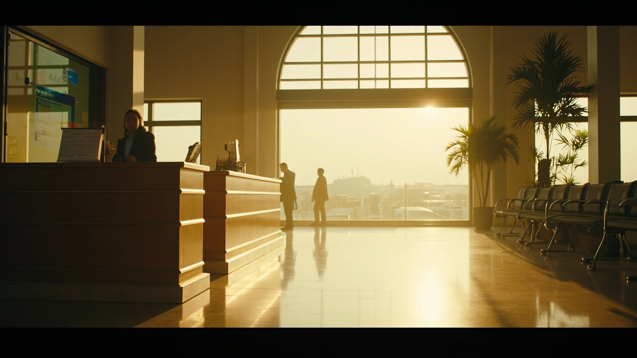 Quiet small-airport arrivals hall with a single visa-on-arrival desk at soft morning light, calm composition, no specific national signage