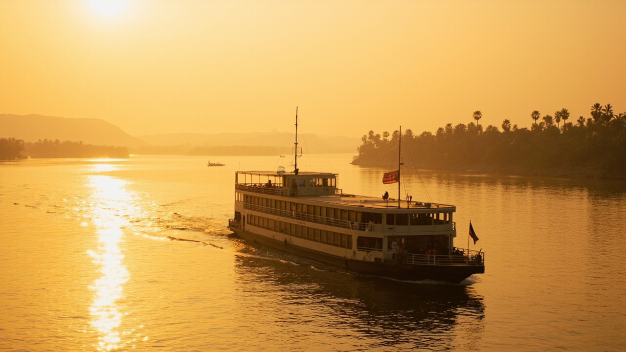 Wide editorial shot of a small river-cruise vessel moving along the wide brown Mekong at golden hour, palm-lined banks softly out of focus, no operator branding visible