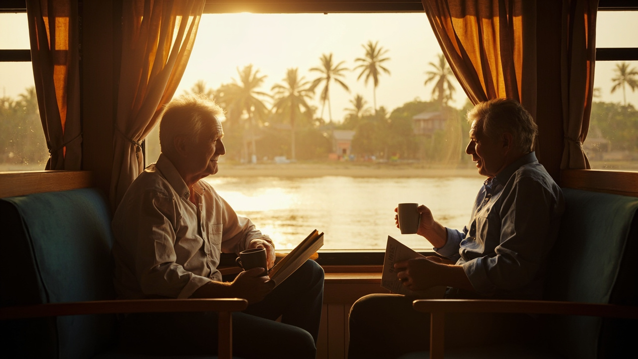 Australian couple in their fifties relaxing by the large window of a generic river-cruise cabin, looking out onto soft-focus Mekong scenery at warm afternoon light