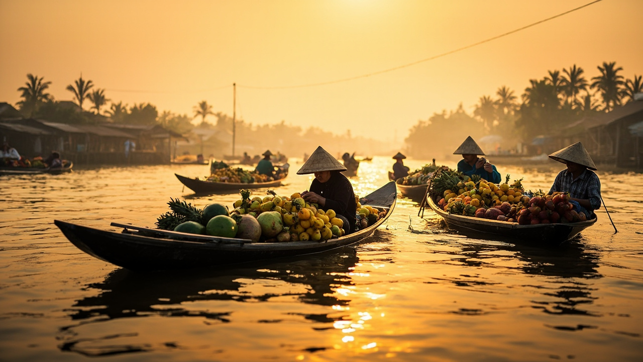 Wide editorial shot of a small Mekong floating market with wooden skiffs piled with fruit at warm morning light, no signage visible