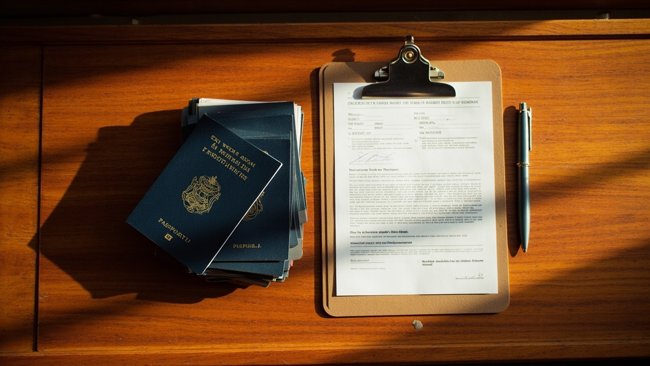 Overhead flat-lay of a small stack of passports and printed visa PDFs on a polished timber purser's desk, no text legible