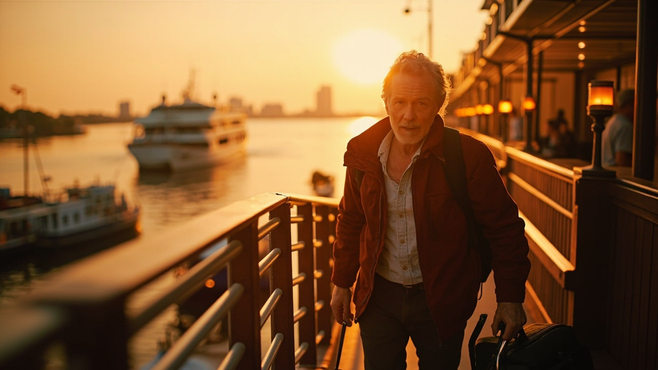 Australian traveller stepping off the gangway of a generic river-cruise vessel at a Saigon riverside terminal at warm dawn, soft skyline behind