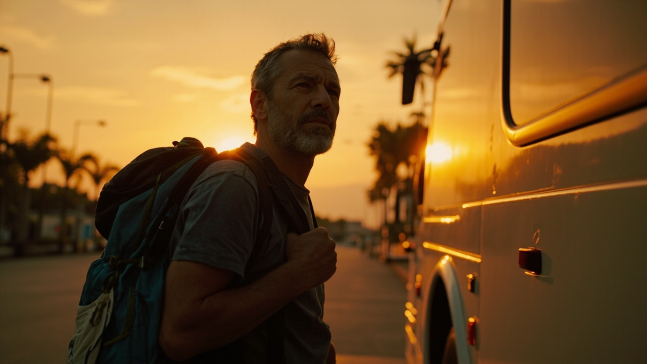 Wide editorial shot of an Australian backpacker boarding a generic tour coach at a Saigon bus station at warm dawn, no operator branding visible