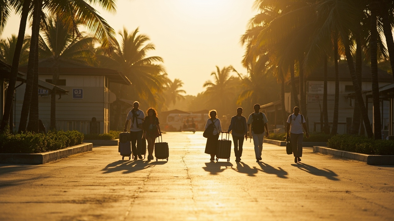 Editorial wide shot of a small group of travellers walking across a sunlit border zone with rolling luggage, no flags or signage visible