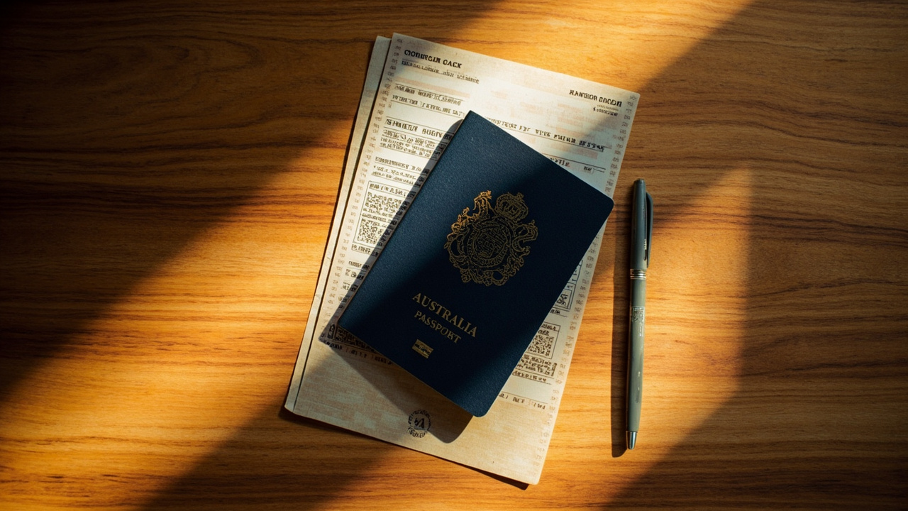 Overhead flat-lay of an Australian passport on top of a folded A4 visa printout on a warm timber desk, no text legible
