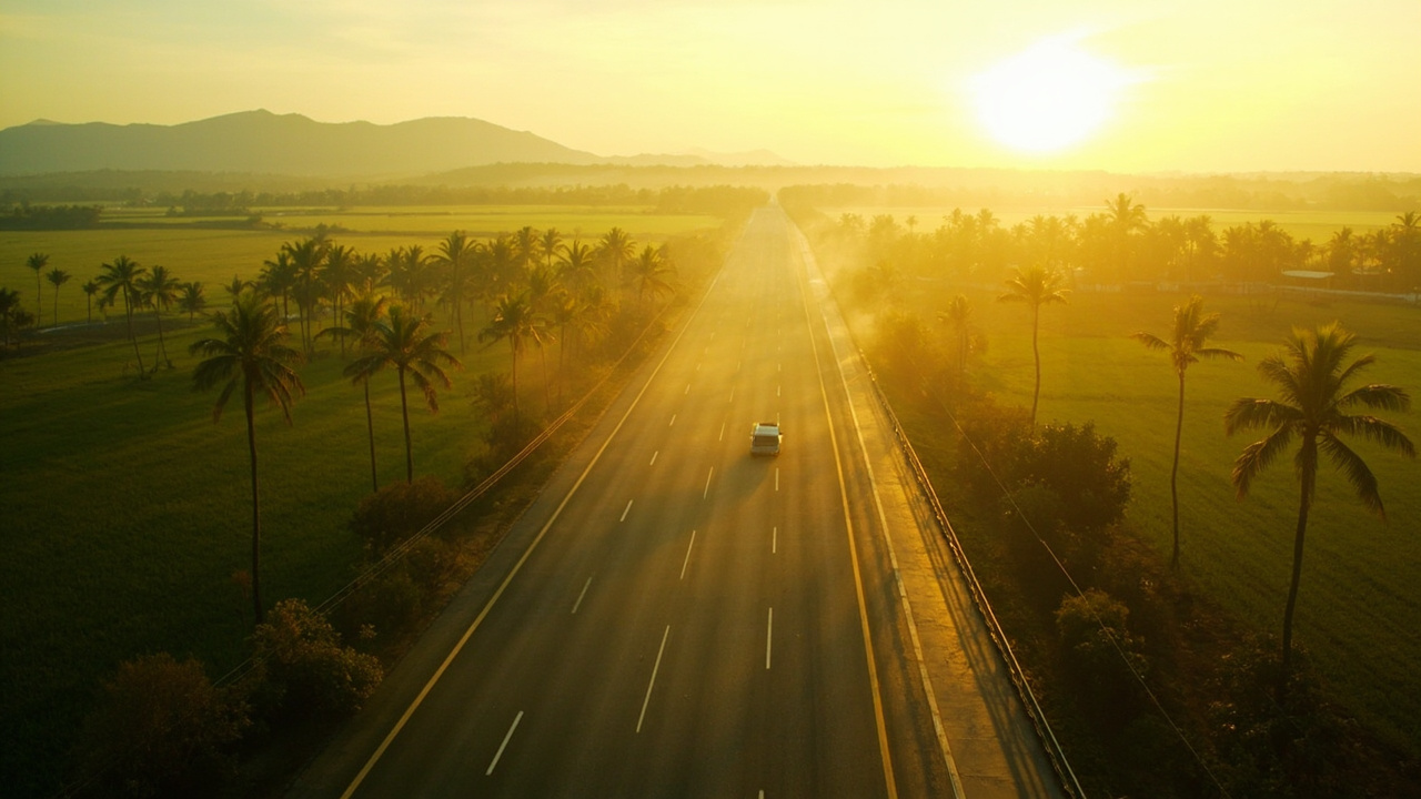 Wide editorial shot of a two-lane tropical highway through rice paddies and palm clusters at mid-morning, no signage visible