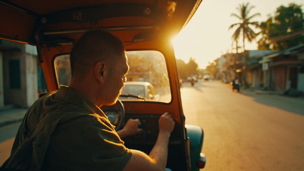 Australian traveller boarding a generic tuk-tuk at a Phnom Penh street corner at warm late-afternoon light, no signage visible