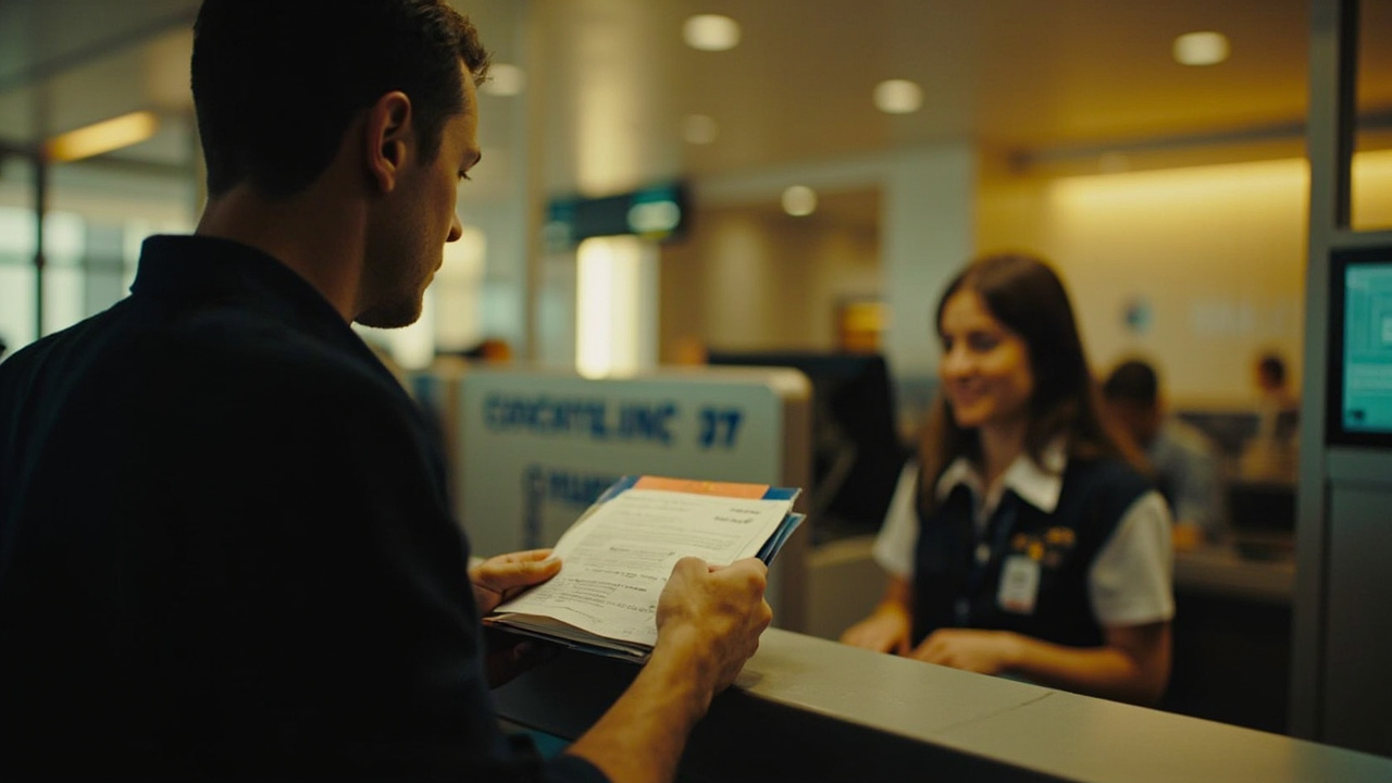 Australian traveller calmly handing a printed eVisa PDF to a soft-focus immigration officer at a generic counter, no recognisable uniform details or signage, neutral warm light