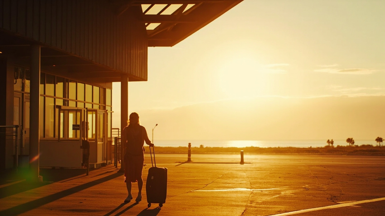 Small coastal airport feel with a glimpse of the sea or palms in the soft background, warm golden-hour light, calm composition