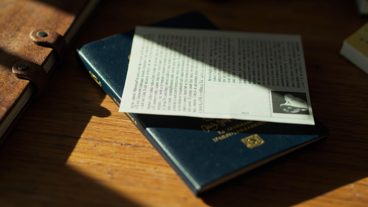 Overhead close-up of an Australian passport (closed) on a warm wooden surface with a folded A4 printed eVisa PDF tucked partway inside, text intentionally soft and not legible, soft natural daylight