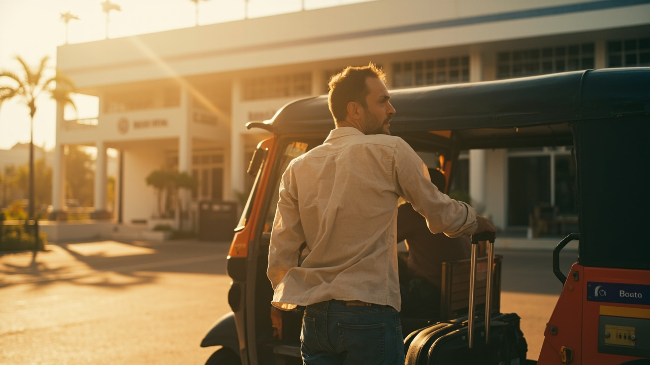 Australian traveller standing beside a Cambodian tuk-tuk just outside a small modern airport at warm afternoon light, no specific signage