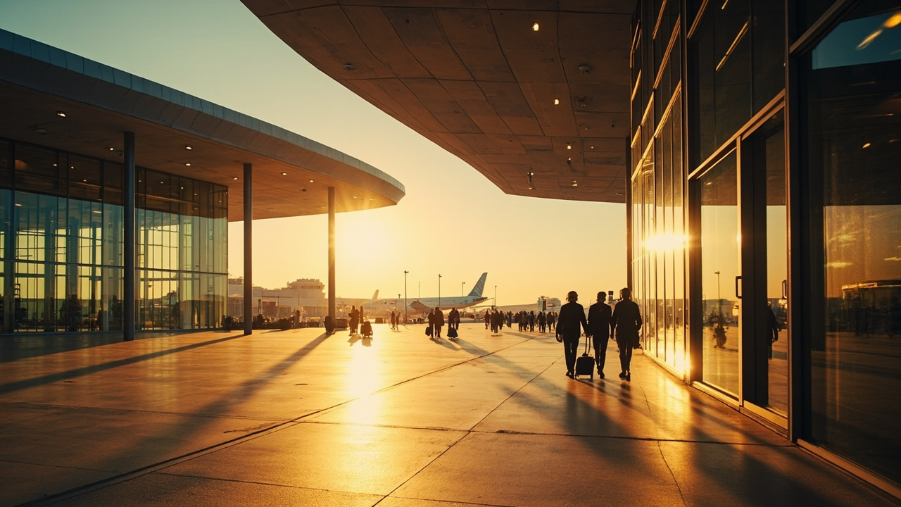Wide modern airport terminal exterior at warm afternoon light, contemporary architecture catching the gold of late sun, calm composition with no specific branding
