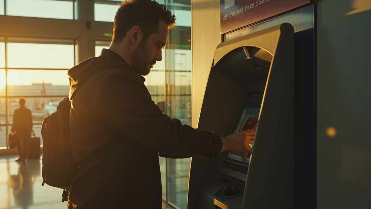 Close-up of an Australian traveller at a generic ATM in an arrivals hall in warm afternoon light, no specific bank branding