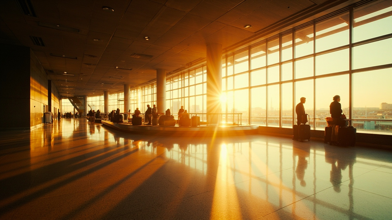Wide quiet baggage-claim hall in soft warm light, no recognisable signage, calm composition