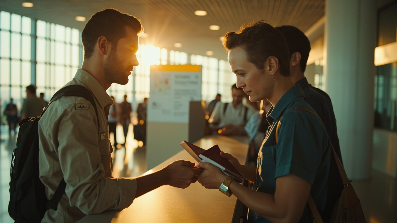 Australian traveller calmly handing a printed eVisa to a generic immigration officer at a clean modern counter, no specific signage