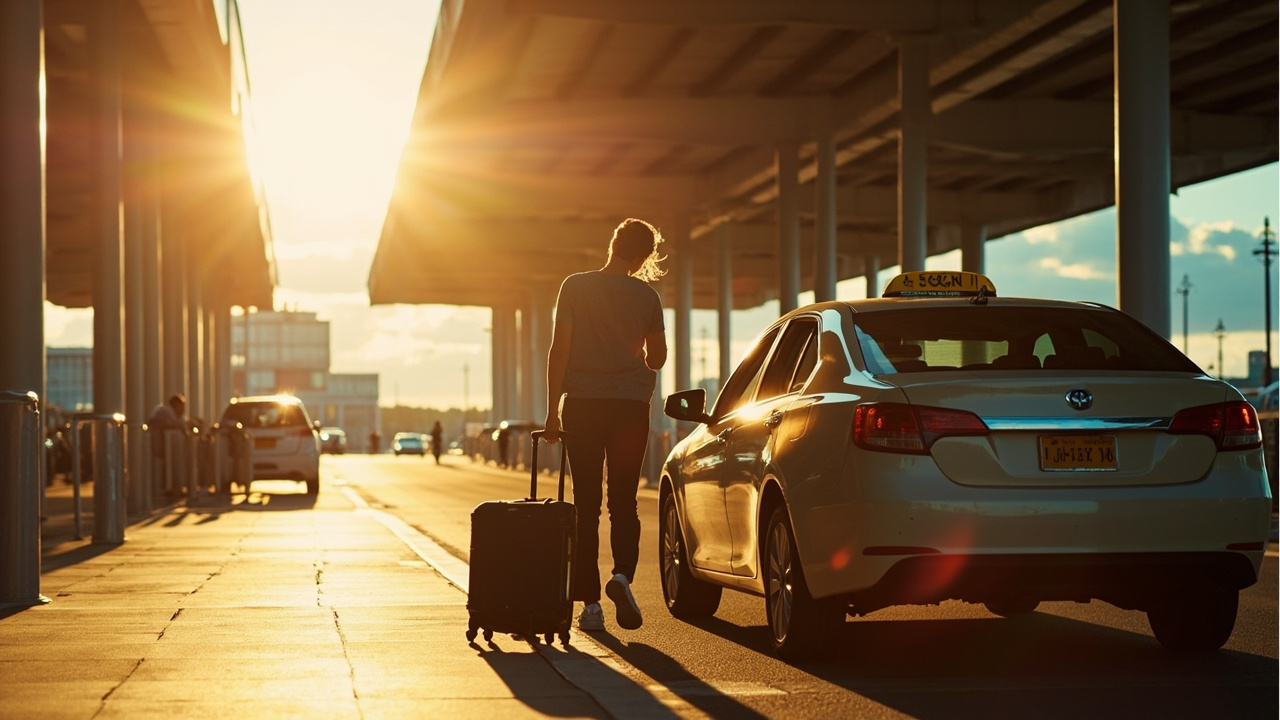 Australian traveller climbing into a taxi at a sunlit airport curb, calm body language, no specific taxi branding