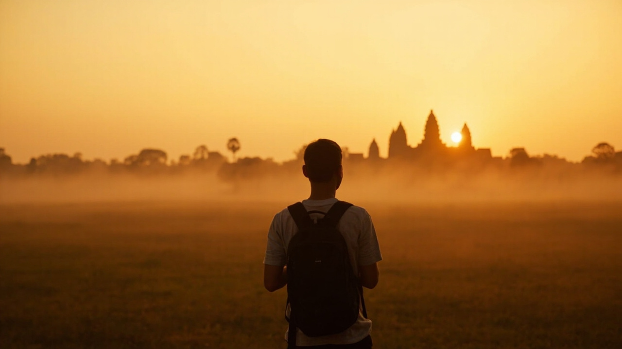 Soft early-morning Angkor temple silhouette in the distance with an Australian traveller in the foreground looking out