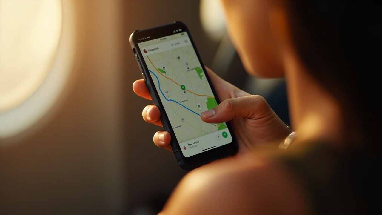 Close-up of an Australian traveller using a generic ride-hail app on a smartphone in warm natural light