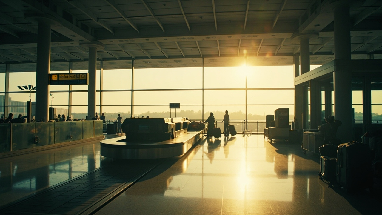 Wide quiet baggage-claim hall at Siem Reap-Angkor airport in soft warm light